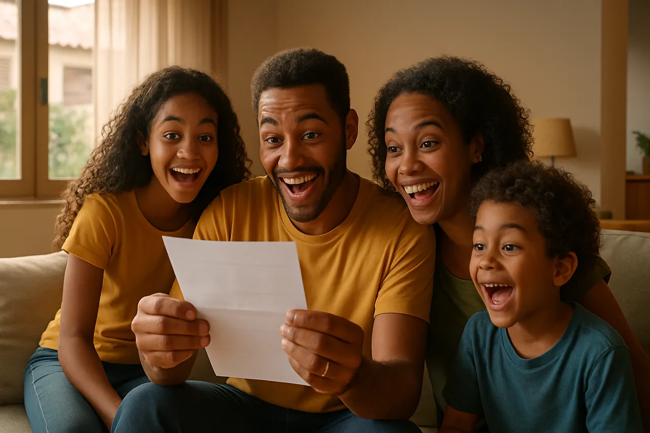Família mineira comemorando desconto na conta de luz em Minas Gerais dentro de casa